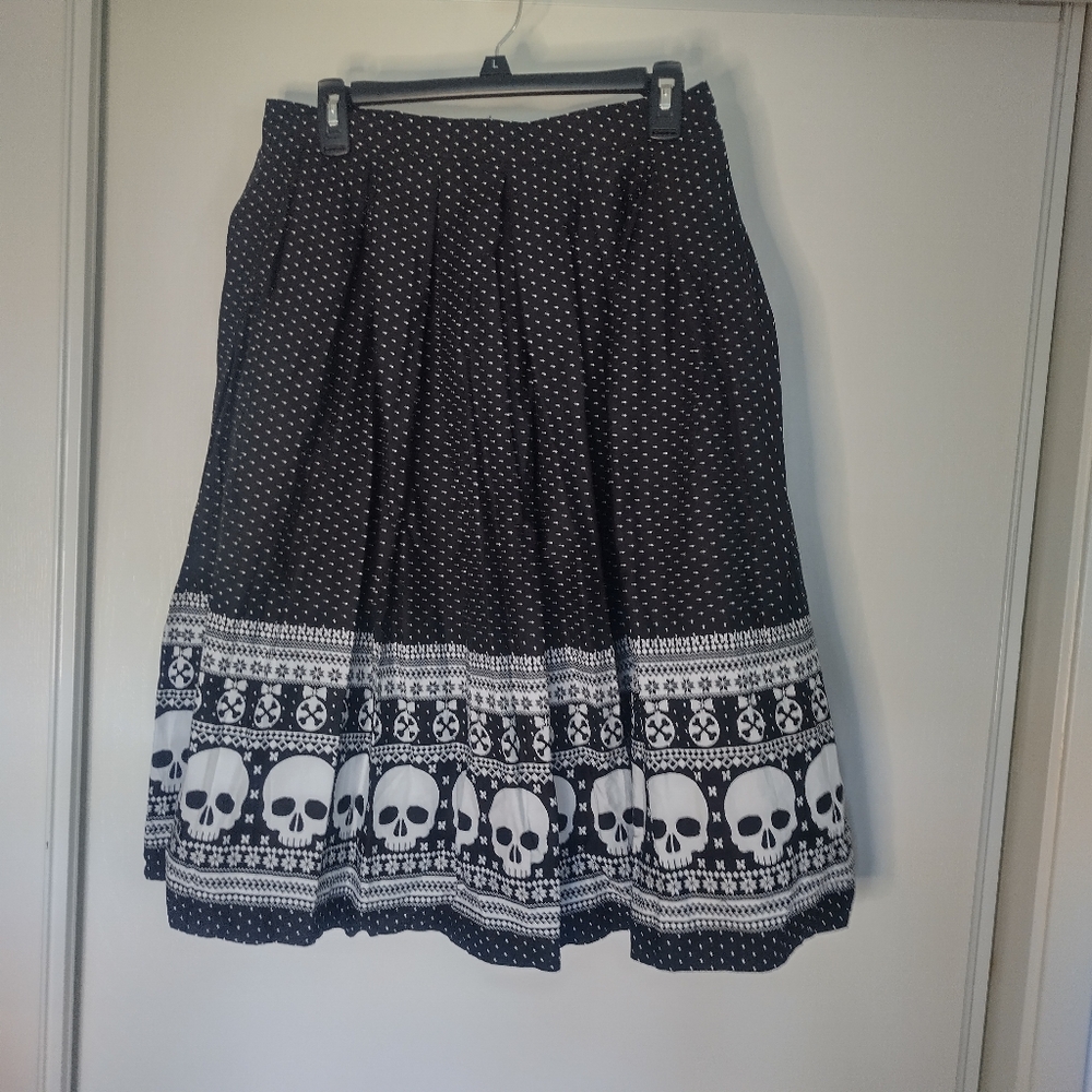 HELL BUNNY Skull Ornament Black and White Polkadot A-line Skirt size L - Picture 3 of 7